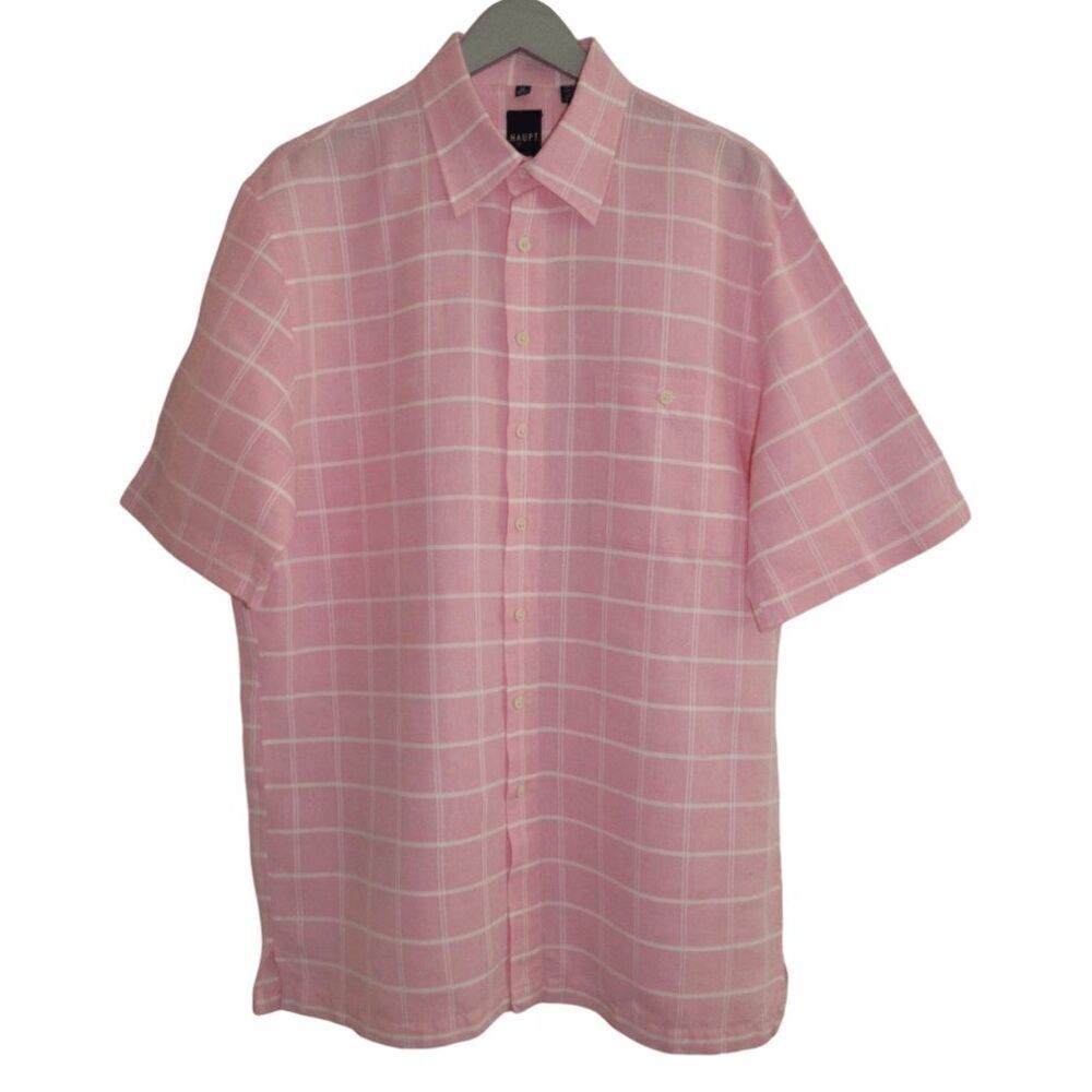 Haupt Germany Pink & White Plaid Linen‎ Casual S/S Button Down Shirt